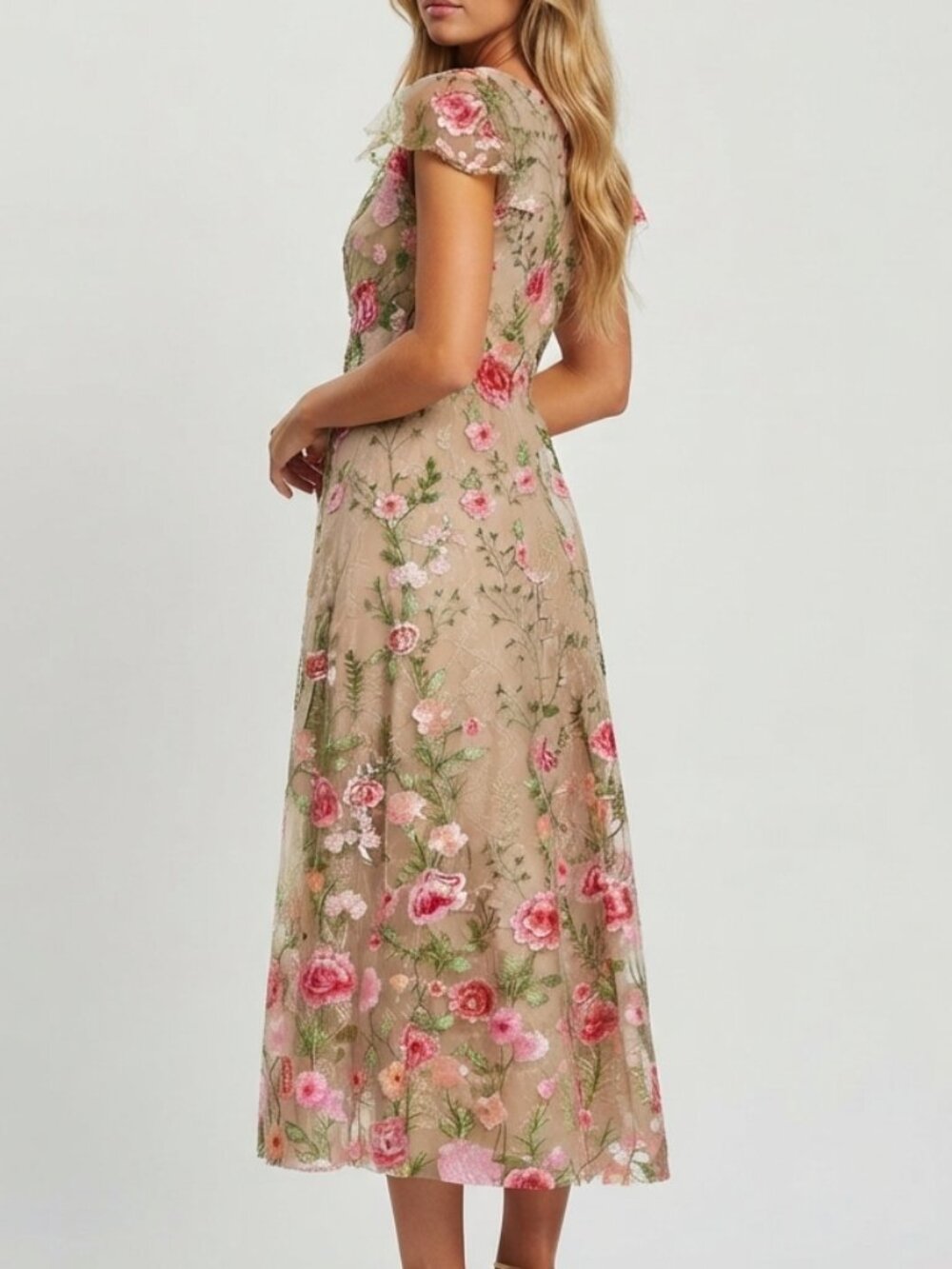 Mac Duggal Beige Floral Embroidered Flutter Sleeve Midi Dress 8 57173 - Picture 6 of 16